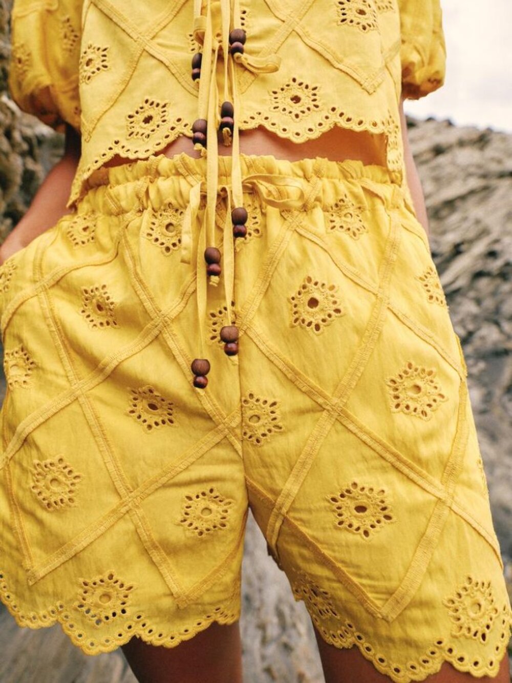 ZARA Embroidered Perforated Shorts Mustard XS Eyelet Boho Resort NWT Summer Chic